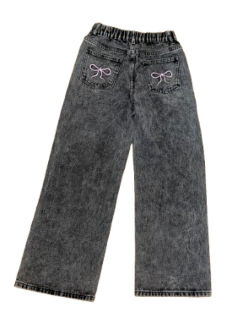 Black Acid Wash Wide Leg Denim Jeans with Pink Bow Detail Size 12